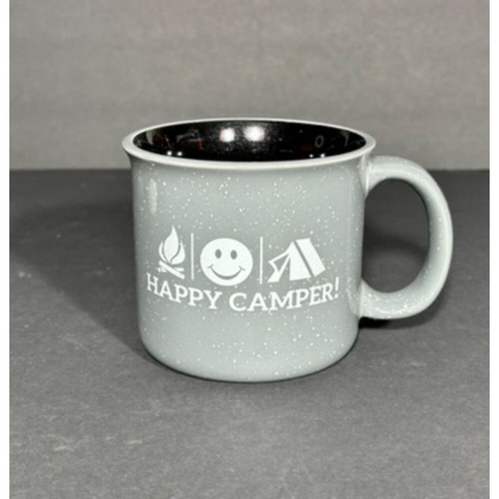 Happy Camper Coffee Mug Gray Speckled Ceramic Campfire Tent Camping Cup